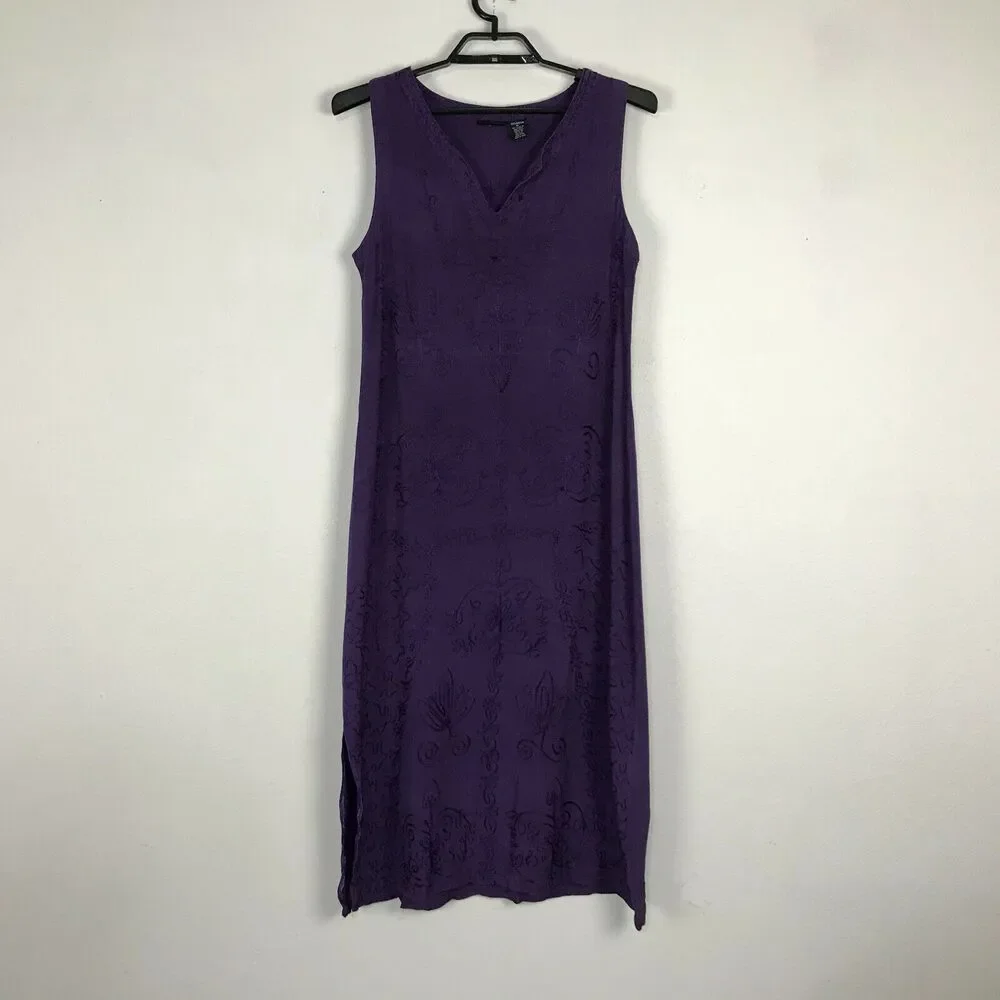 Vintage‎ 1990s Purple Rayon Dress Size M Sleeveless Side Vent Embroidered Midi